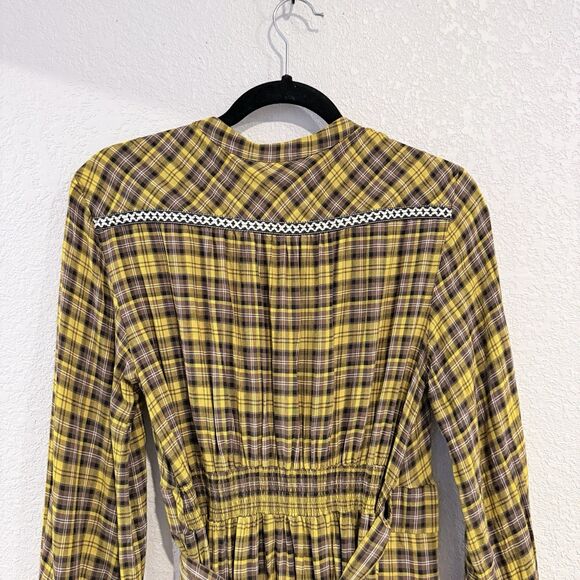 Anthropologie Dalton Wrap Maxi Dress Plaid Mustard Yellow Academia Fall Medium - Picture 5 of 16